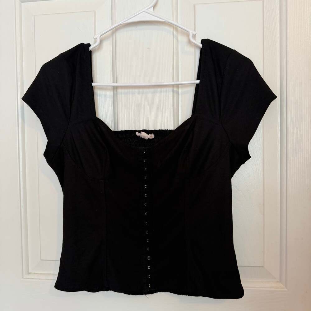 Black Short Sleeve Hook-and-Eye Corset Bustier Sweetheart Top Women's Large
